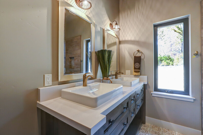 Nevada City, CA New Home Bathroom Vanity Rectangular Ceramic Vessel Sinks with Gold Fixtures