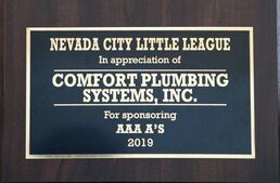 Comfort Plumbing Systems Sponsors the AAA A's Nevada City Little League Baseball team plaque