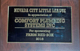 Comfort Plumbing Systems sponsors the 2018 Farm Red Sox Nevada City Little League Baseball team Plaque